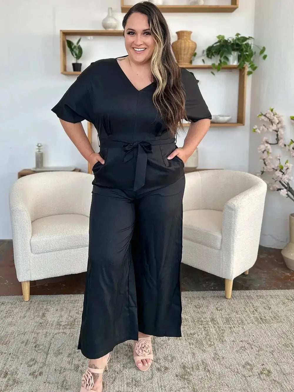 Double Take Full Size V-Neck Tied Side Slit Jumpsuit - Trendsi - Flyclothing LLC