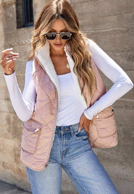 Fuzzy Zip Up Vest Coat with Pockets - Trendsi - Flyclothing LLC
