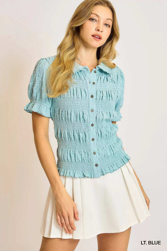 Umgee Smocked Short Sleeve Button-Front Shirt with Peter Pan Collar - Trendsi - Flyclothing LLC