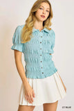Umgee Smocked Short Sleeve Button-Front Shirt with Peter Pan Collar - Trendsi - Flyclothing LLC
