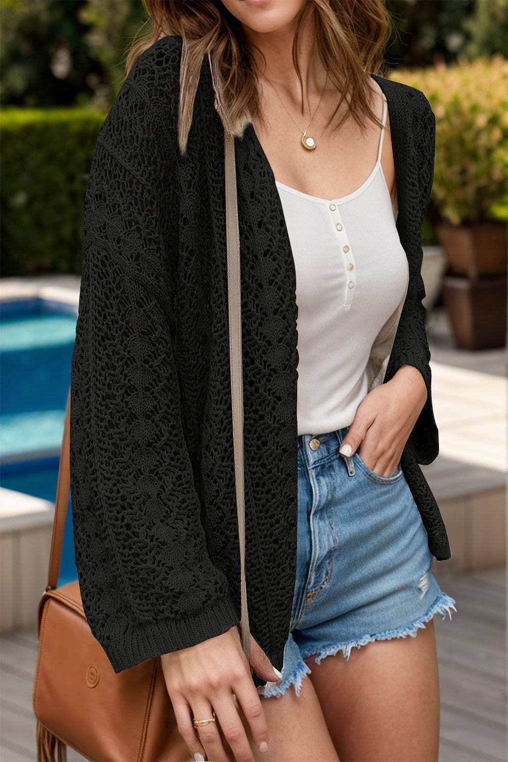 Openwork Open Front Dropped Shoulder Cardigan - Trendsi - Flyclothing LLC
