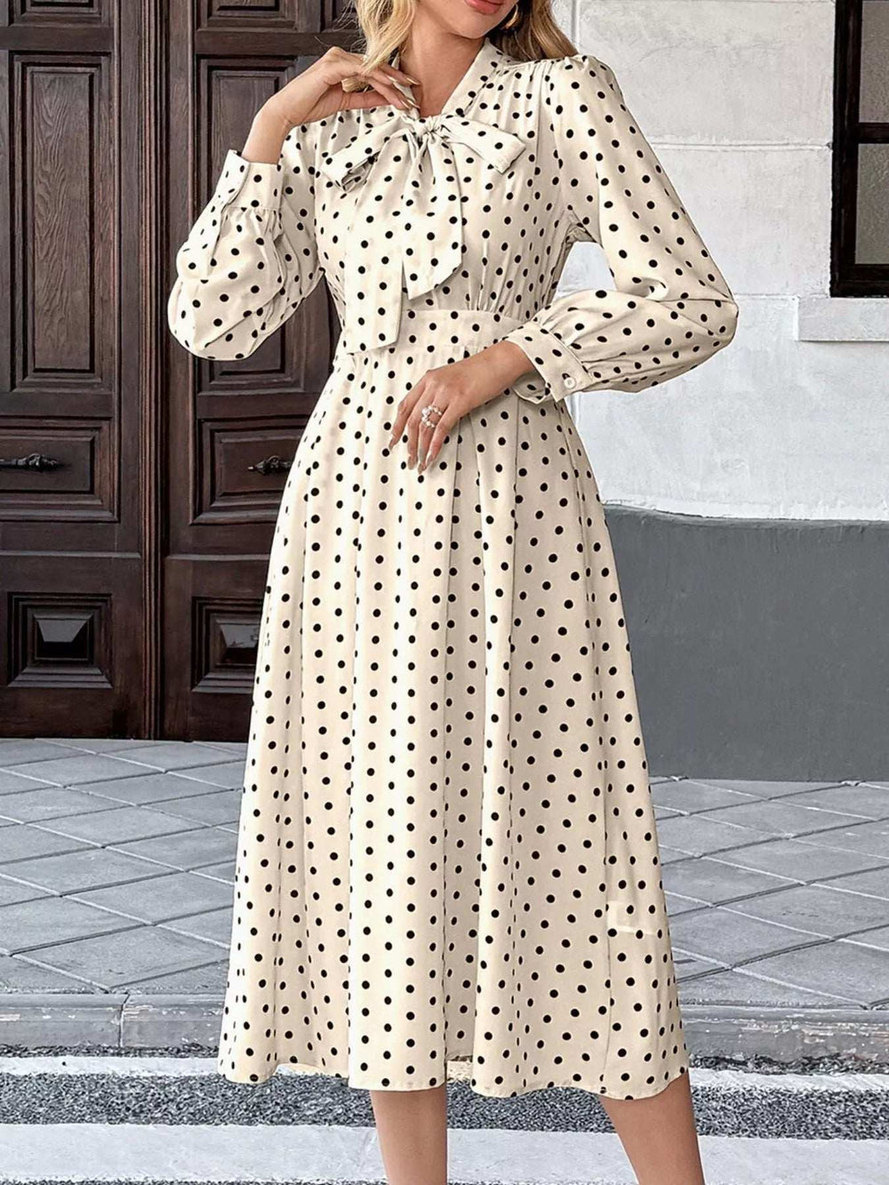 Polka Dot Tie Front Long Sleeve Midi Dress - Trendsi - Flyclothing LLC
