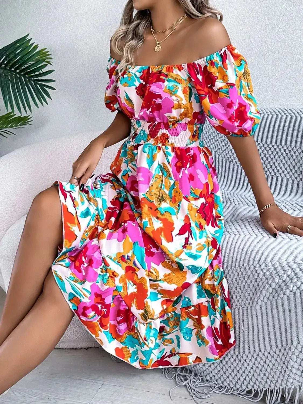Ruffled Hem Smocked Floral Short Sleeve Midi Dress - Trendsi - Flyclothing LLC