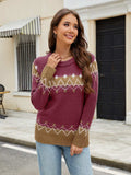 Contrast Round Neck Long Sleeve Sweater - Trendsi - Flyclothing LLC