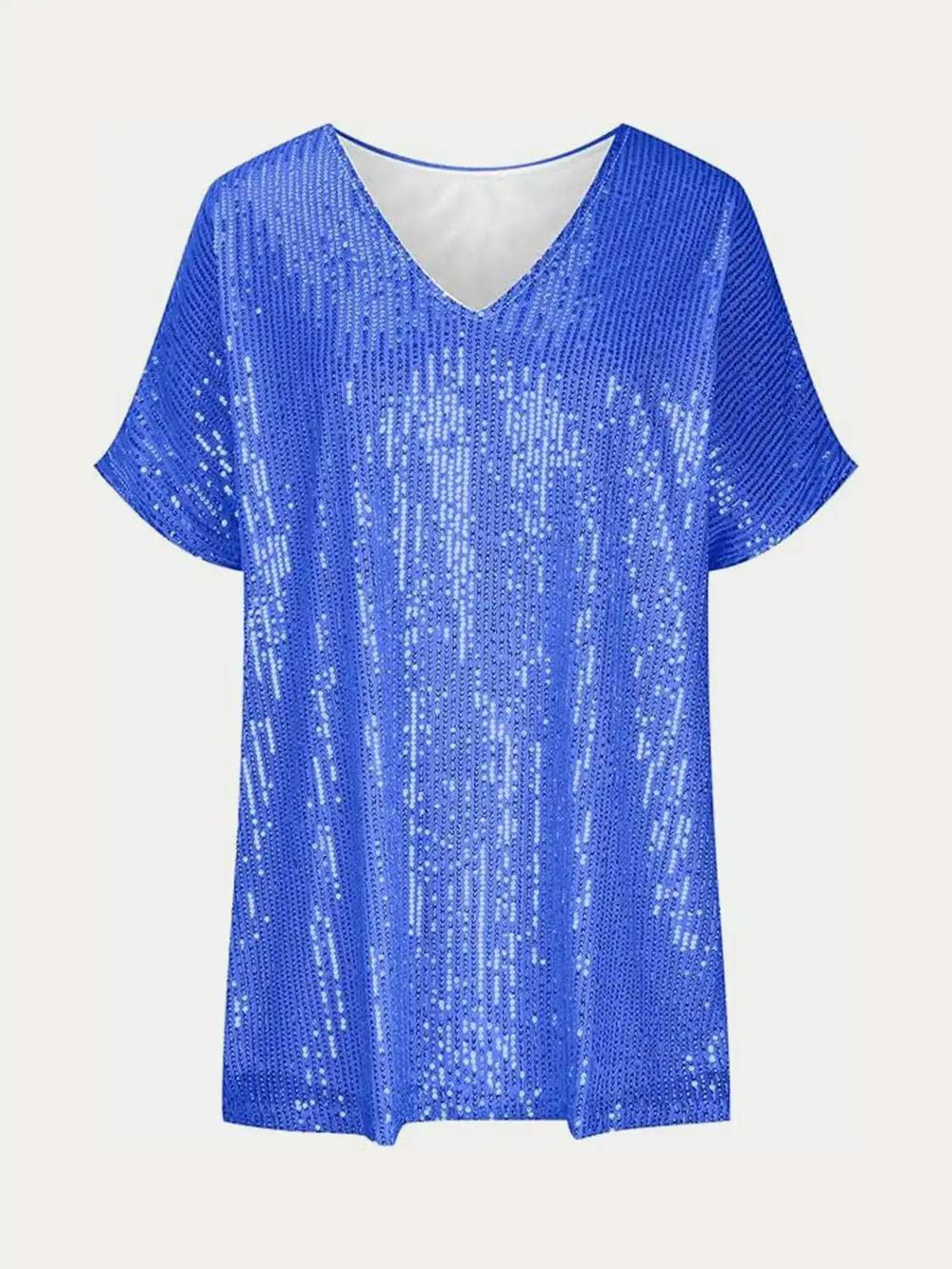 Full Size Sequin V-Neck Short Sleeve Top - Trendsi - Flyclothing LLC