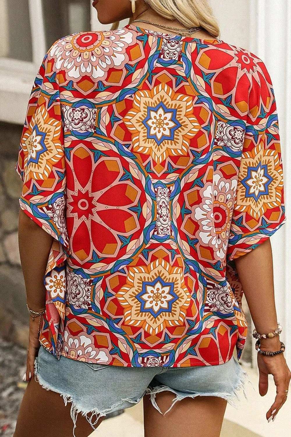 Printed V-Neck Half Sleeve Blouse - Trendsi - Flyclothing LLC