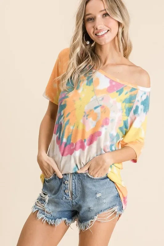BiBi Tie Dye Print Short Sleeve T-Shirt with Raglan Sleeves - Trendsi - Flyclothing LLC