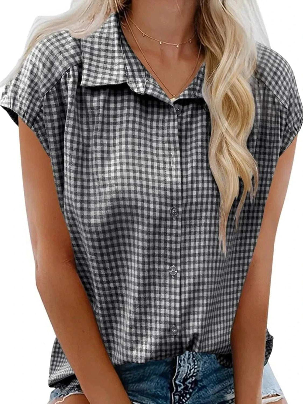 Plaid Button Up Cap Sleeve Shirt - Trendsi - Flyclothing LLC