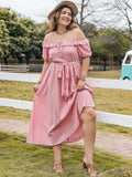 Plus Size Plaid Off-Shoulder Short Sleeve Midi Dress - Trendsi - Flyclothing LLC