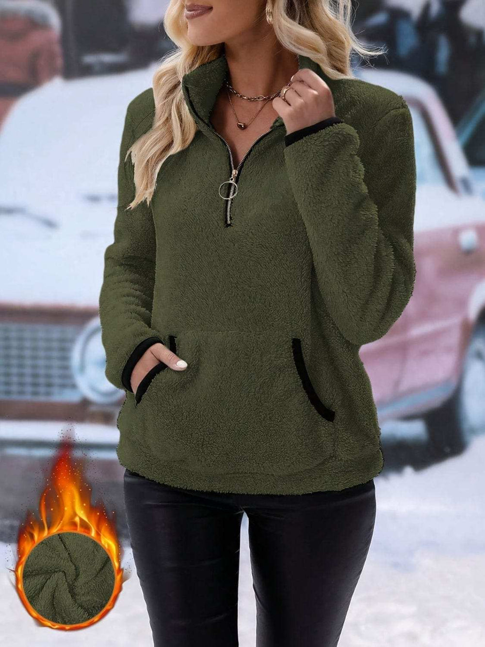 Half Zip Long Sleeve Furry Sweatshirt - Trendsi - Flyclothing LLC