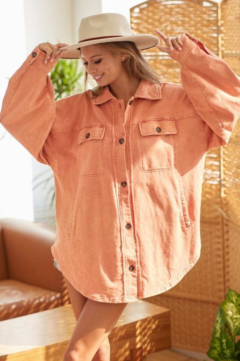 BiBi Washed Button Up Shacket with Chest Pockets - Trendsi - Flyclothing LLC