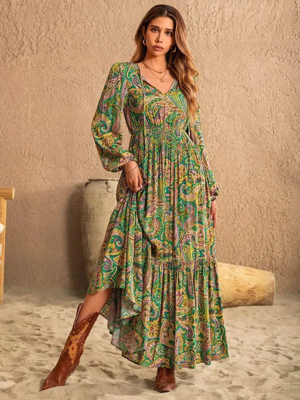 Printed Tie Neck Long Sleeve Dress - Trendsi - Flyclothing LLC