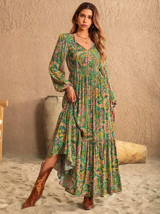 Printed Tie Neck Long Sleeve Dress - Trendsi - Flyclothing LLC