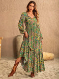 Printed Tie Neck Long Sleeve Dress - Trendsi - Flyclothing LLC