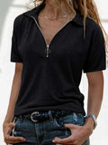 Zip Collar Short Sleeve Top - Trendsi - Flyclothing LLC