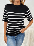 Striped Round Neck Half Sleeve Knit Top - Trendsi - Flyclothing LLC