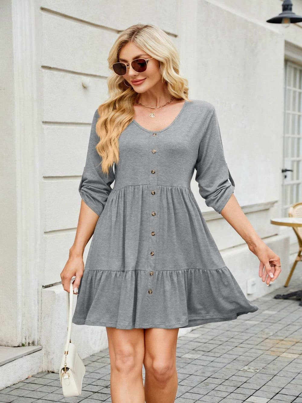 Tiered Ruched V-Neck Mini Dress - Trendsi - Flyclothing LLC