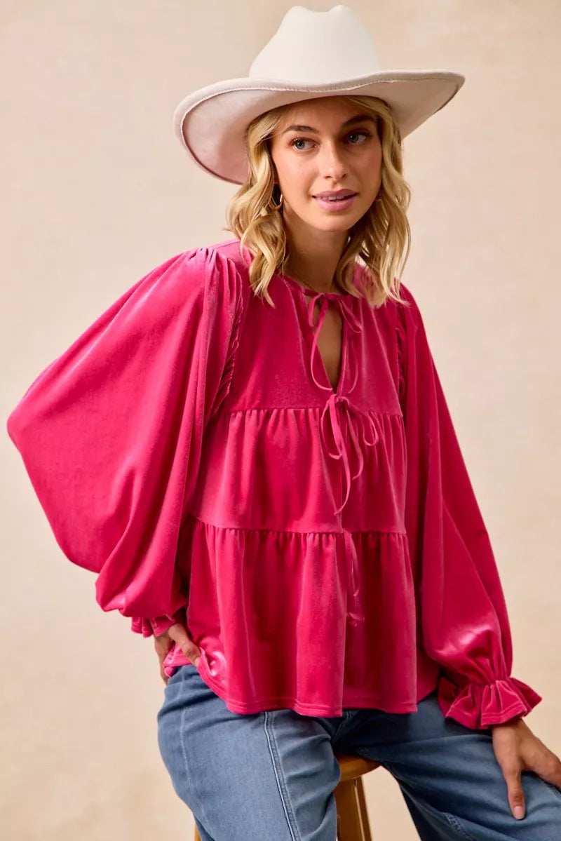 BiBi Christmas Theme Velvet Bow Tied Blouse - Trendsi - Flyclothing LLC