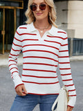 Striped Johnny Collar Long Sleeve Sweater - Trendsi - Flyclothing LLC