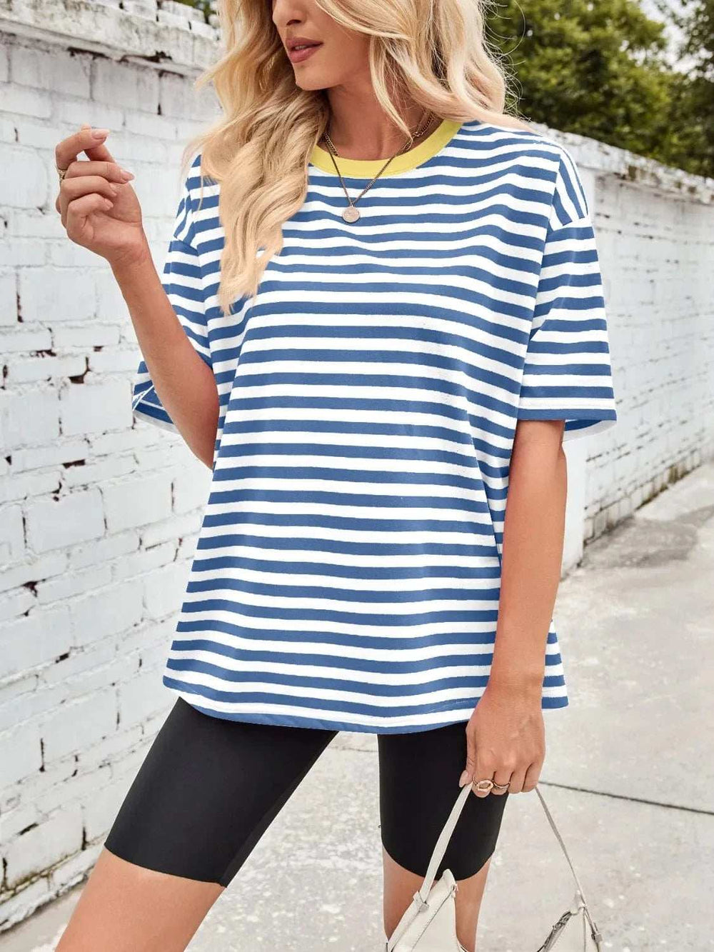 Contrast Striped Round Neck T-Shirt - Trendsi - Flyclothing LLC