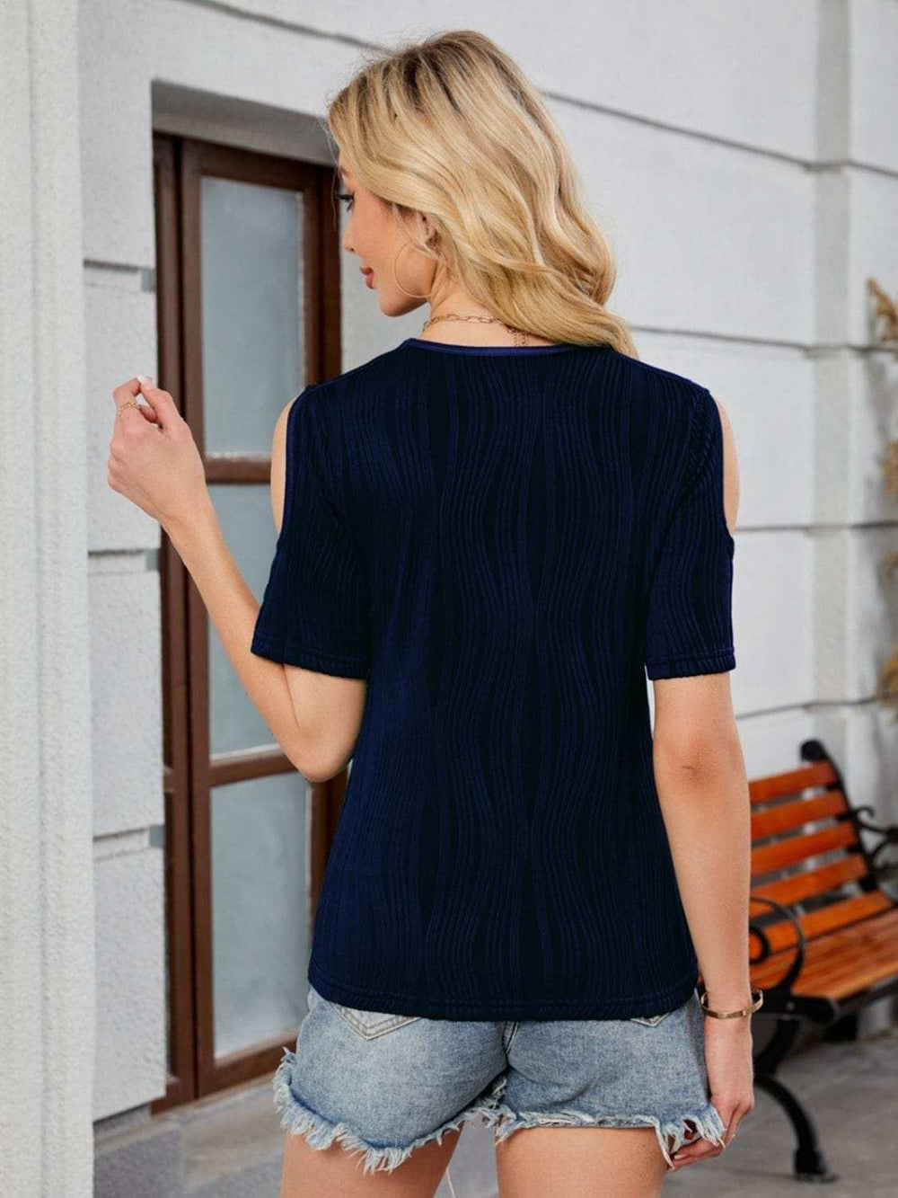 Textured V-Neck Cold Shoulder Top - Trendsi - Flyclothing LLC