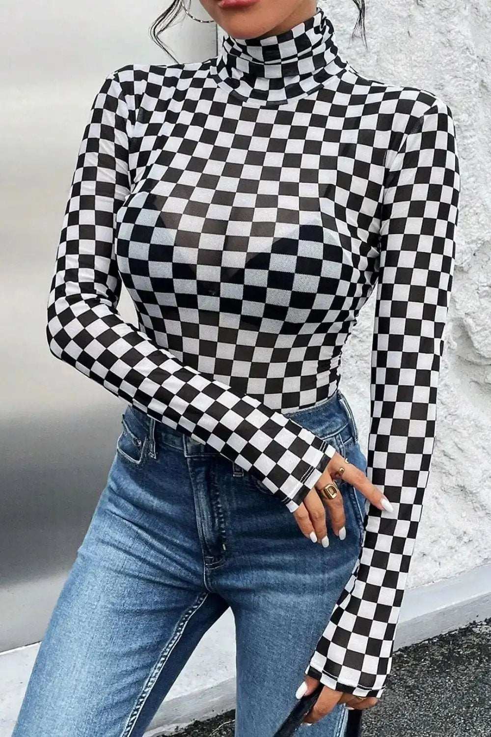 Checkered Turtleneck Long Sleeve Bodysuit - Trendsi - Flyclothing LLC