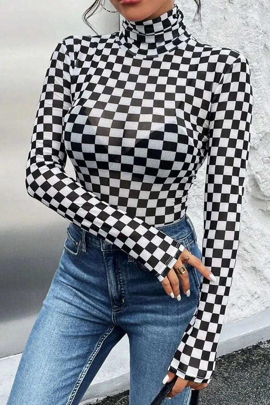 Checkered Turtleneck Long Sleeve Bodysuit - Trendsi - Flyclothing LLC