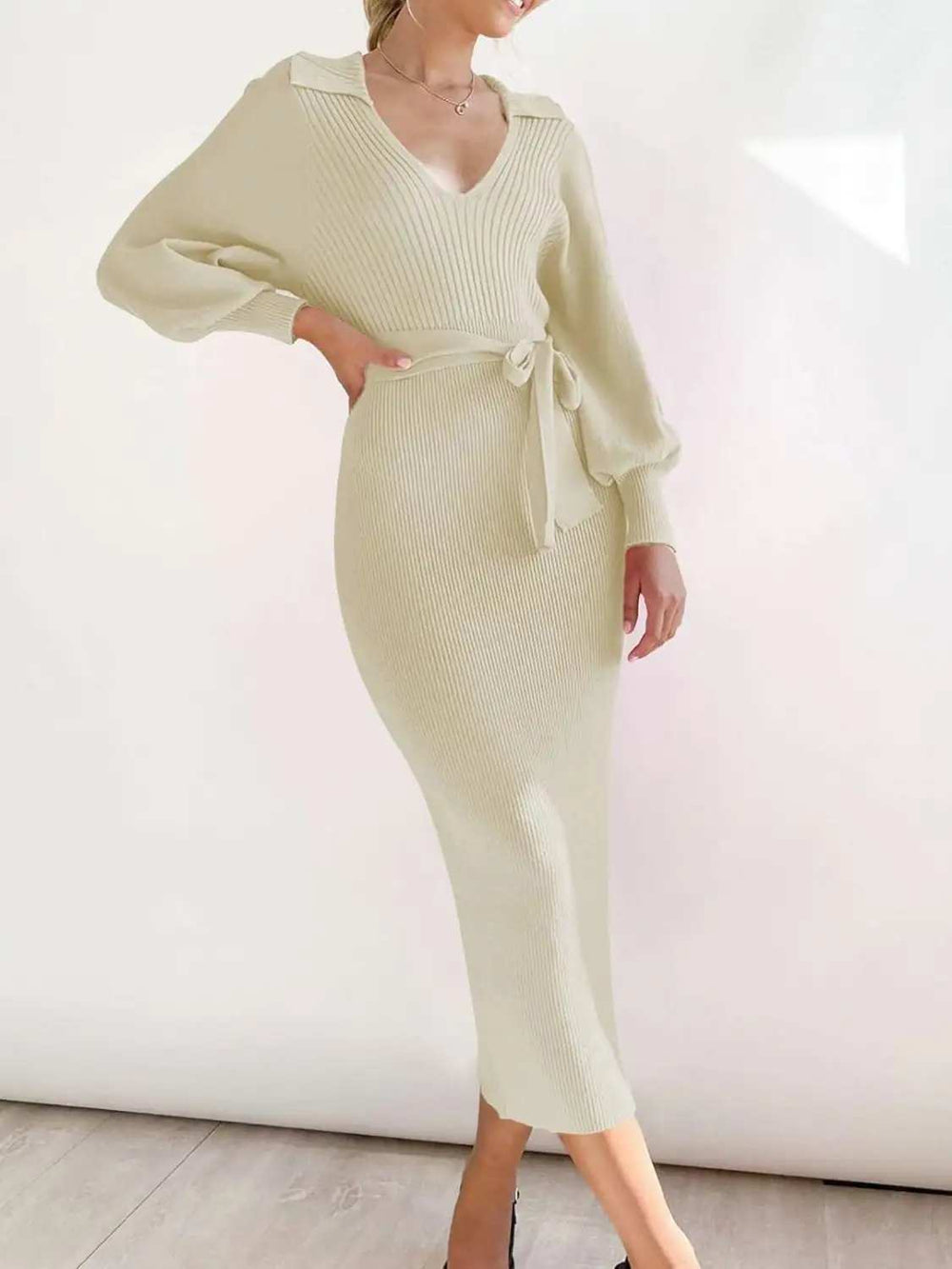 Tied Long Sleeve Wrap Sweater Dress - Trendsi - Flyclothing LLC