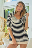 BiBi Stripe Fleece Notch Neck Short Sleeve Hoodie - Trendsi - Flyclothing LLC