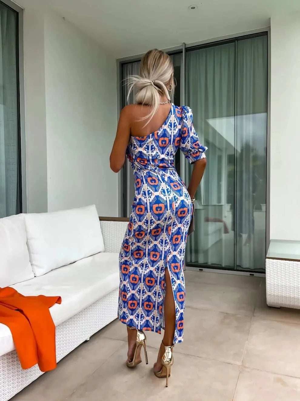 Slit Printed Single Shoulder Midi Dress - Trendsi - Flyclothing LLC