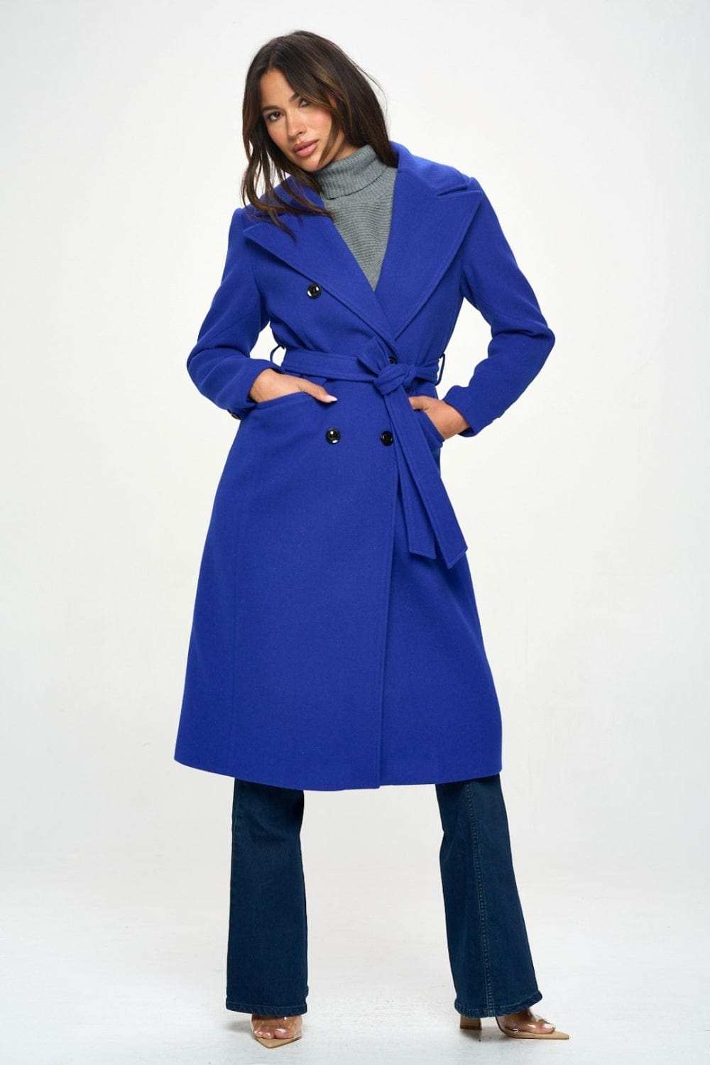 Coalition LA Double-Breasted Longline Coat with Belt - Trendsi - Flyclothing LLC