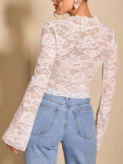V-Neck Flare Sleeve Lace Top - Trendsi - Flyclothing LLC