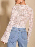 V-Neck Flare Sleeve Lace Top - Trendsi - Flyclothing LLC