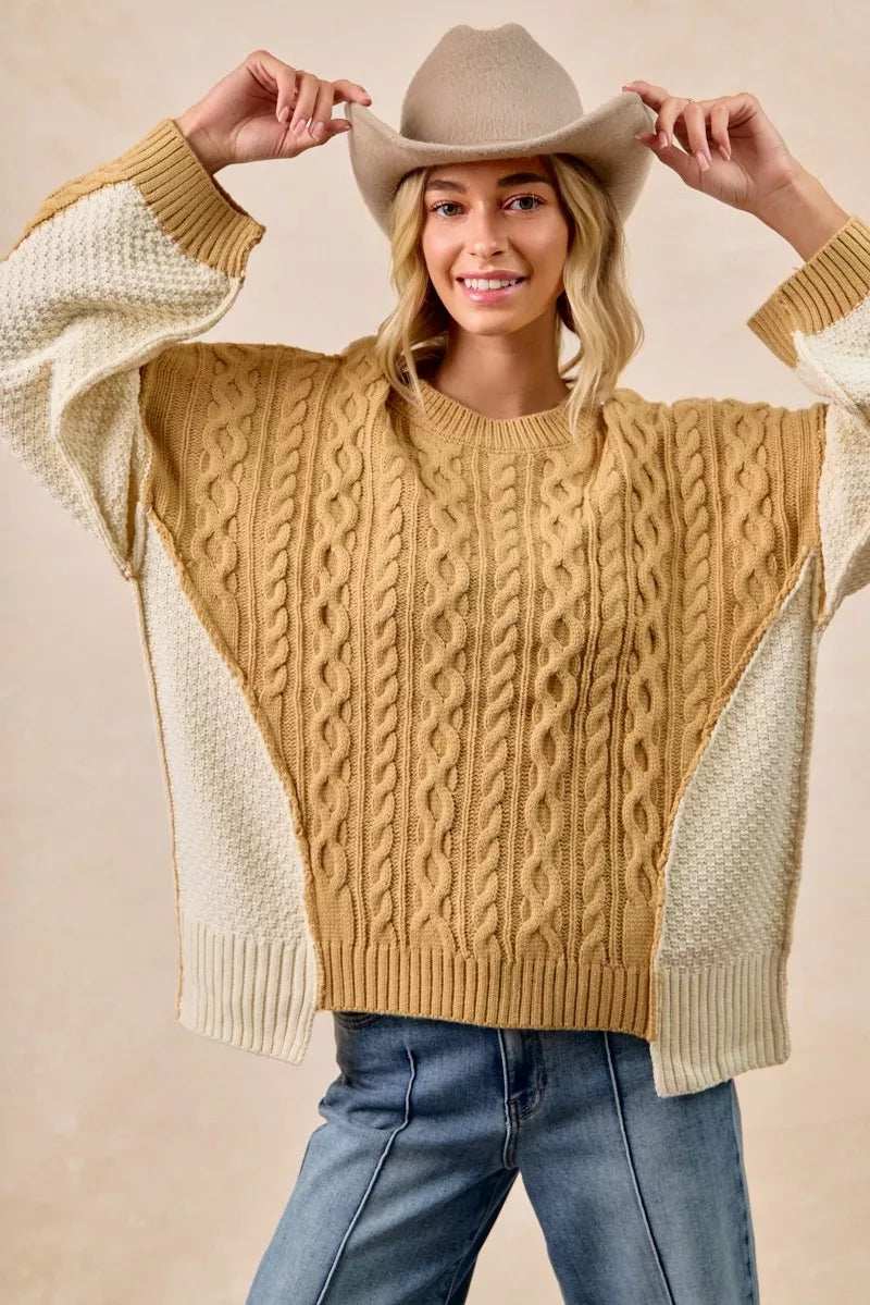 BiBi Cable Knit With Hacci Combo Sweater With Uneven Hem Detail - Trendsi - Flyclothing LLC