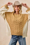 BiBi Cable Knit With Hacci Combo Sweater With Uneven Hem Detail - Trendsi - Flyclothing LLC