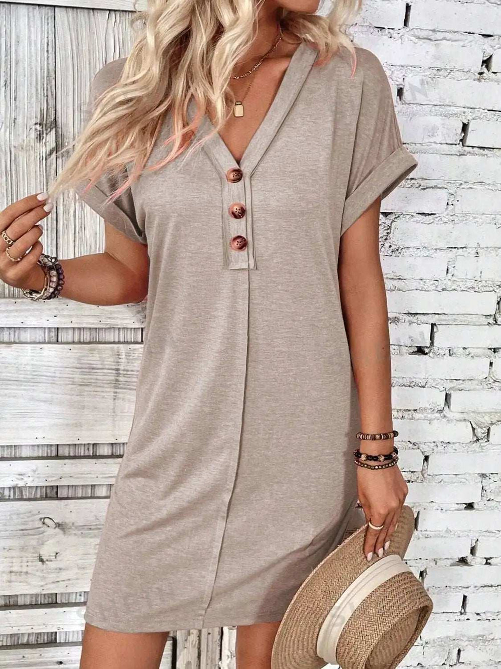 Quarter Button V-Neck Short Sleeve Dress - Trendsi - Flyclothing LLC