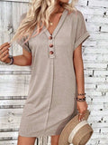 Quarter Button V-Neck Short Sleeve Dress - Trendsi - Flyclothing LLC