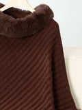 Fuzzy Trim Texture Three-Quarter Sleeve Poncho - Trendsi - Flyclothing LLC