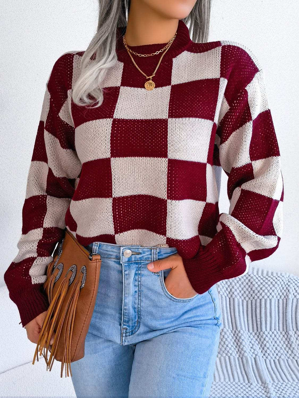 Checkered Mock Neck Long Sleeve Sweater - Trendsi - Flyclothing LLC
