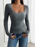 Devine Lace Detail Square Neck Long Sleeve T-Shirt - Trendsi - Flyclothing LLC