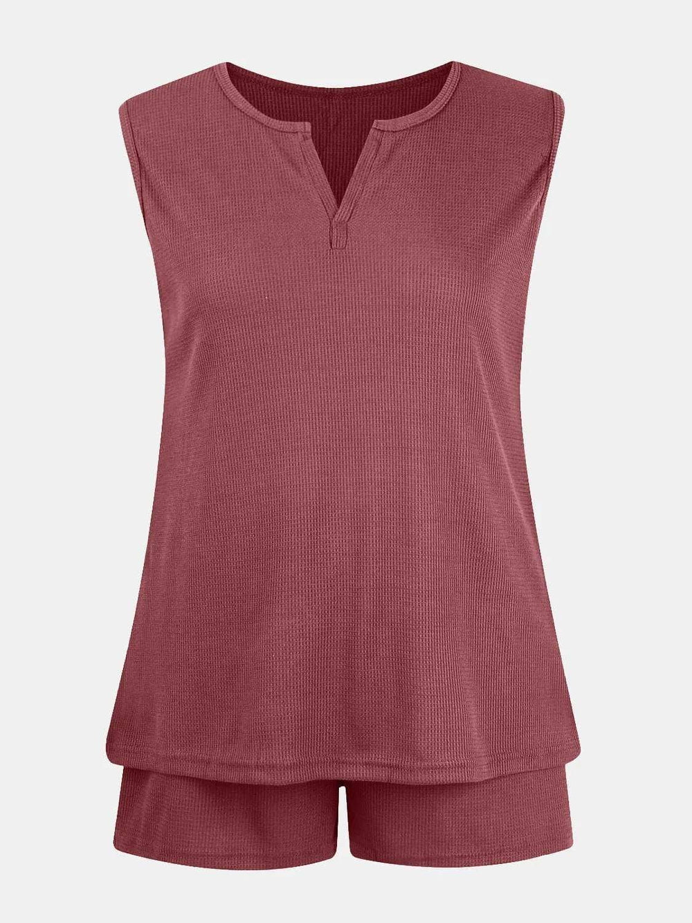 Full Size Waffle-Knit Notched Top and Shorts Set - Trendsi - Flyclothing LLC