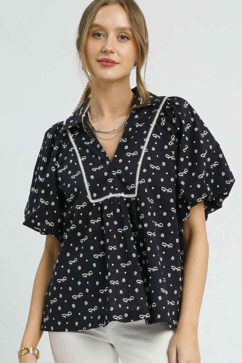 Umgee Bow Print Puff Sleeve Blouse - Trendsi - Flyclothing LLC