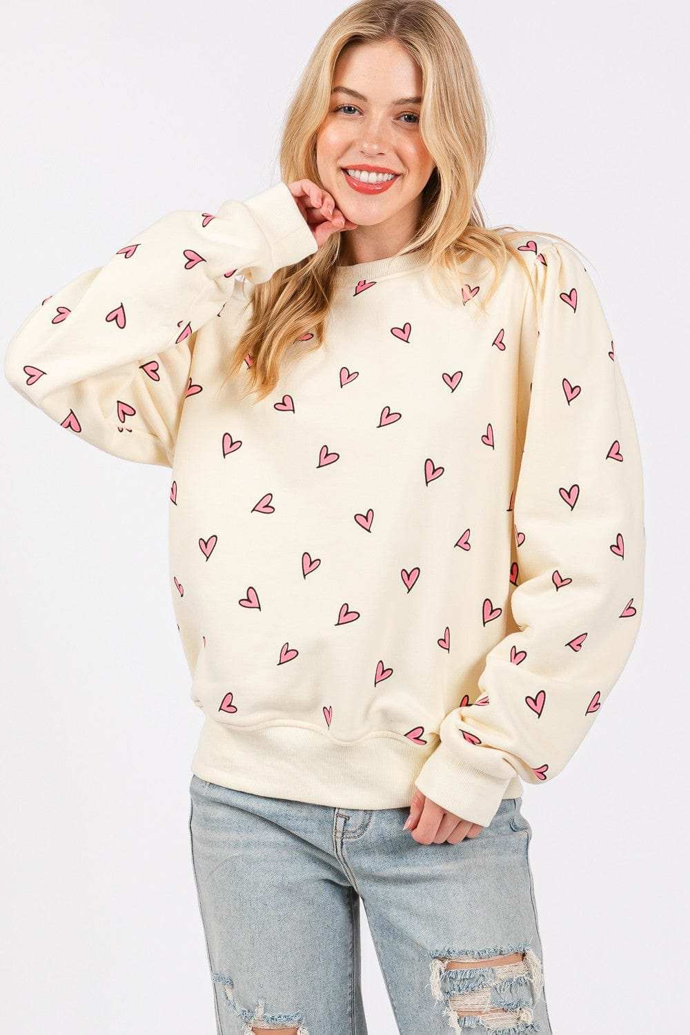 SAGE + FIG Heart Printed Contrast Long Sleeve Sweatshirt - Trendsi - Flyclothing LLC