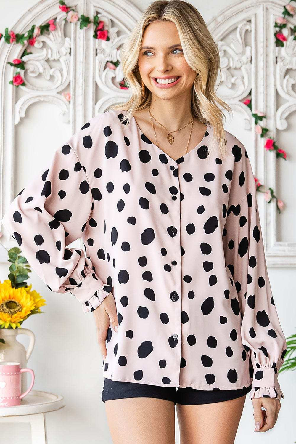 Printed Button Up Flounce Sleeve Shirt - Trendsi - Flyclothing LLC