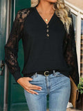 Lace V-Neck Long Sleeve T-Shirt - Trendsi - Flyclothing LLC