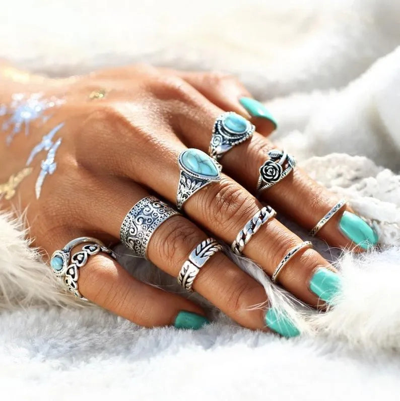 Artificial Turquoise Alloy Ring 10-Piece Set - Trendsi - Flyclothing LLC