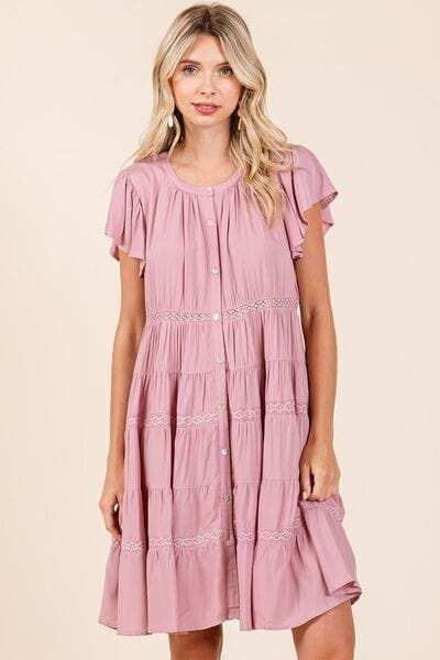 Mittoshop Lace Detail Ruffled Button Down Tiered Dress - Trendsi - Flyclothing LLC