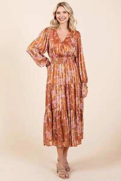 Mittoshop Flower Print Satin Lurex Stripe Smocked Midi Dress - Trendsi - Flyclothing LLC