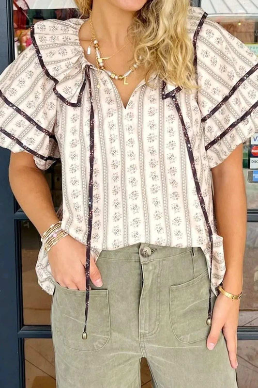 Floral Ruffled Collar Short Puff Sleeve Printed Blouse - Trendsi - Flyclothing LLC