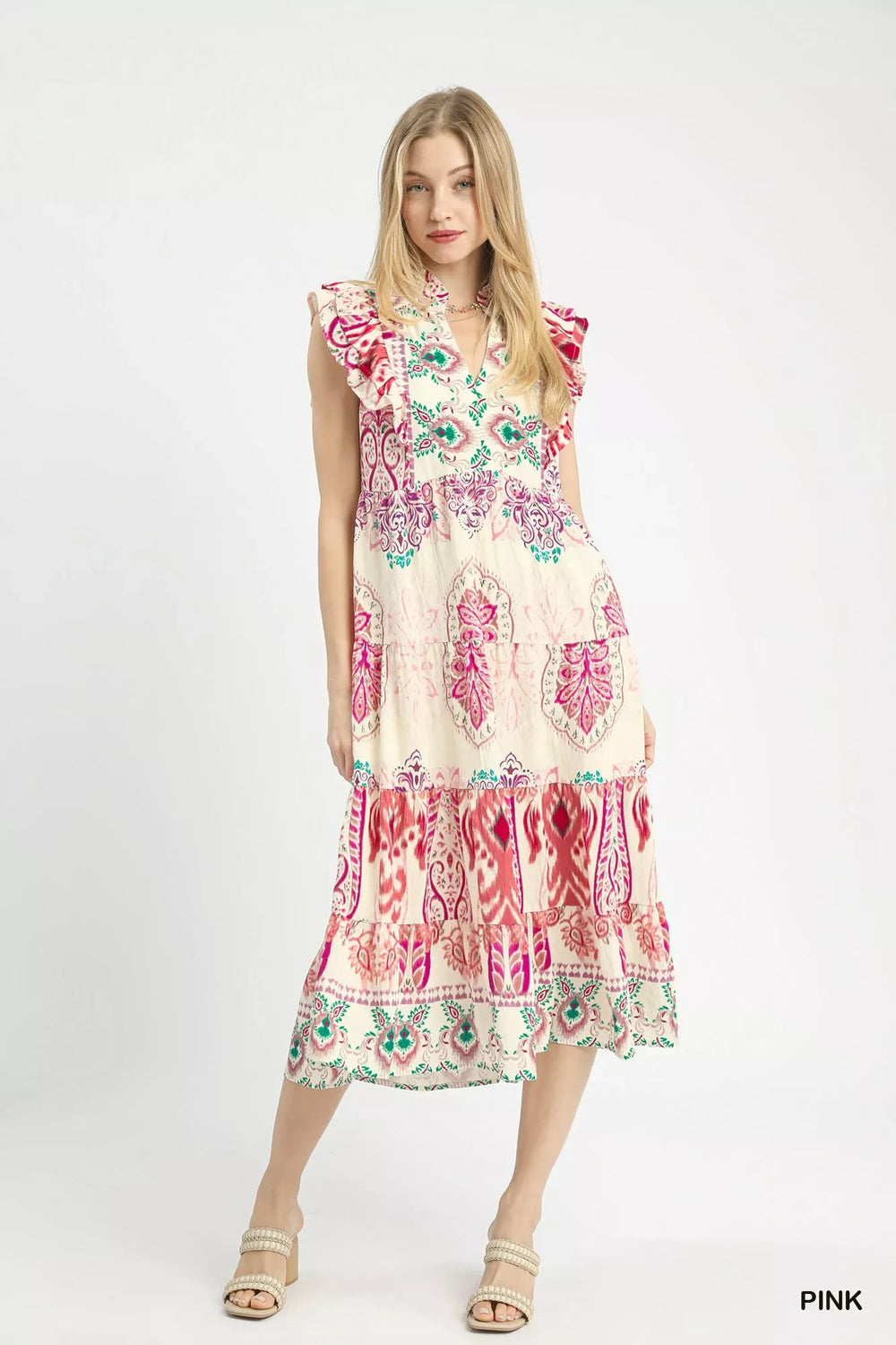 Umgee Boho Boarder Print Ruffle Midi Dress - Trendsi - Flyclothing LLC